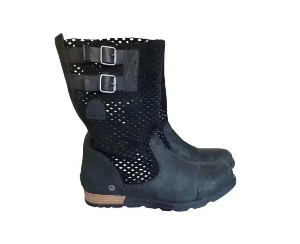 Sorel Major Pull On Boots Womens Black Suede Lasercut Leather Mid Calf US 8